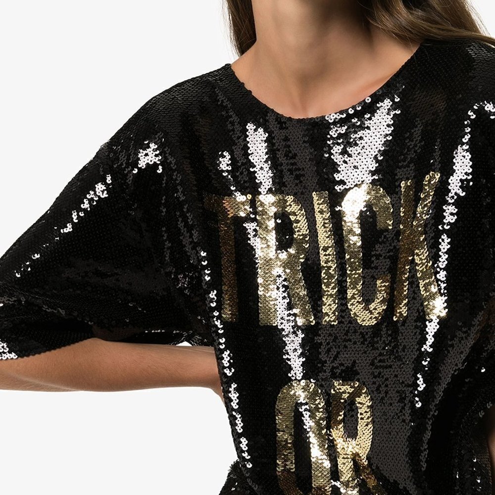 NWT Moschino TRICK OR CHIC black & gold sequin mini holiday dress - Picture 6 of 11